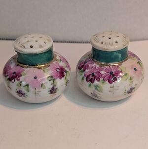 Salt & Pepper Shakers Porcelain Pink/Blue Purple Violet Flower Miniature Vintage